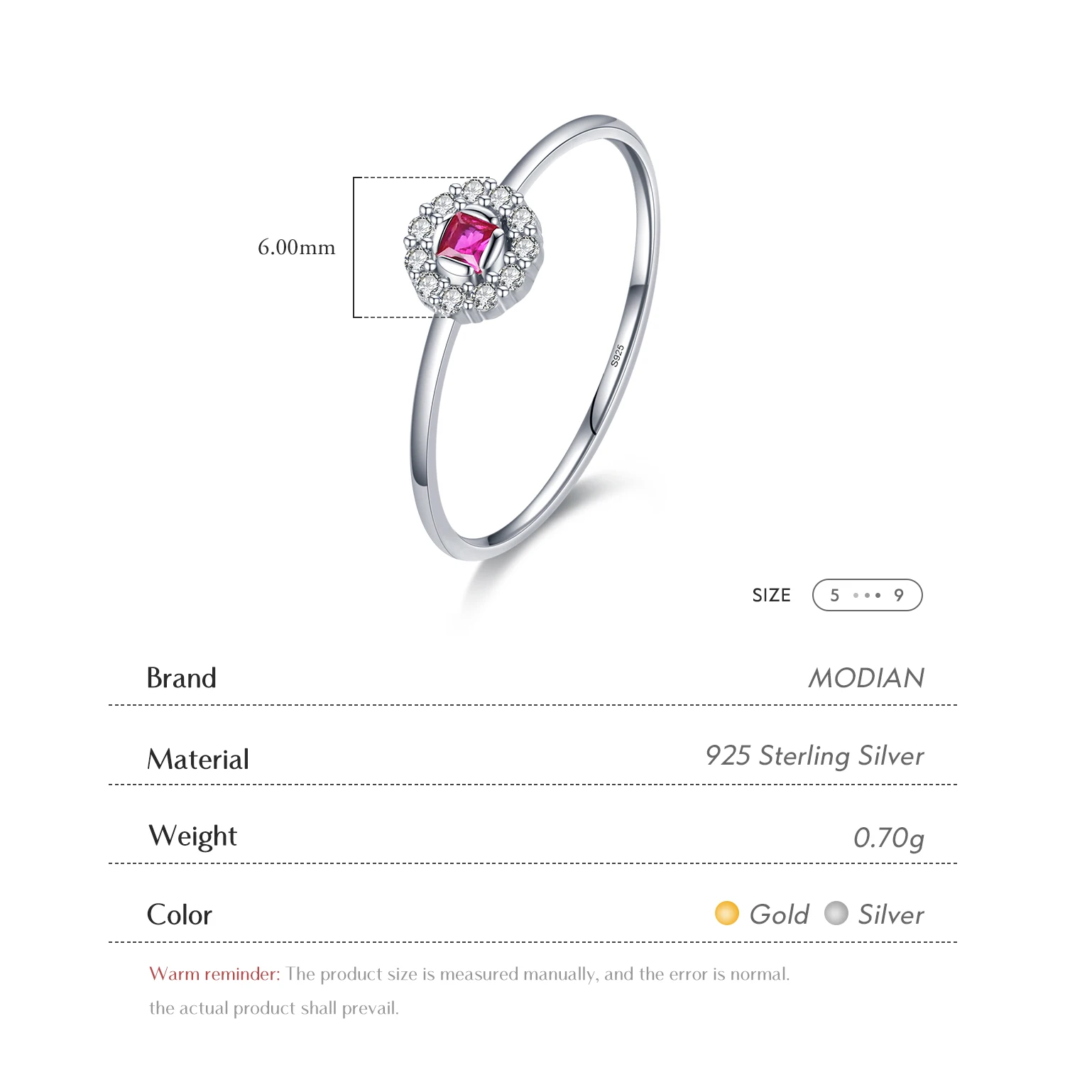 MODIAN 정통  섬세한 레드 크리스탈 여성을위한 작은 손가락 반지 웨딩 밴드 패션 성명 쥬얼리