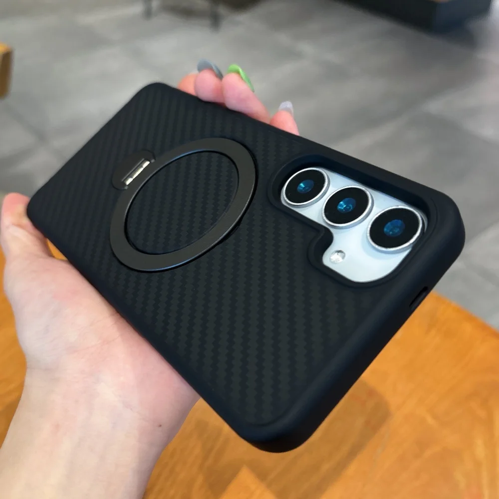 Luxury Kevlar Carbon Fiber Ring Magnetic Stand Holder Case - Soft Silicone Shockproof Cover