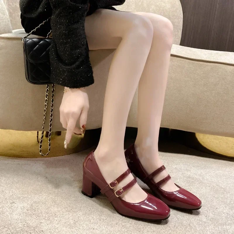 2025 Spring Autumn Women Double Buckle  Shoes Leather Square Head Square Heel Solid Color Women's Shoes 5