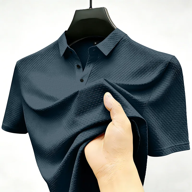 Herren-Poloshirt mit Waffelstruktur, kurzärmelig, lässig, mit Umlegekragen und Knopfleiste, weich, atmungsaktiv, zum täglichen Tragen – Detail 3