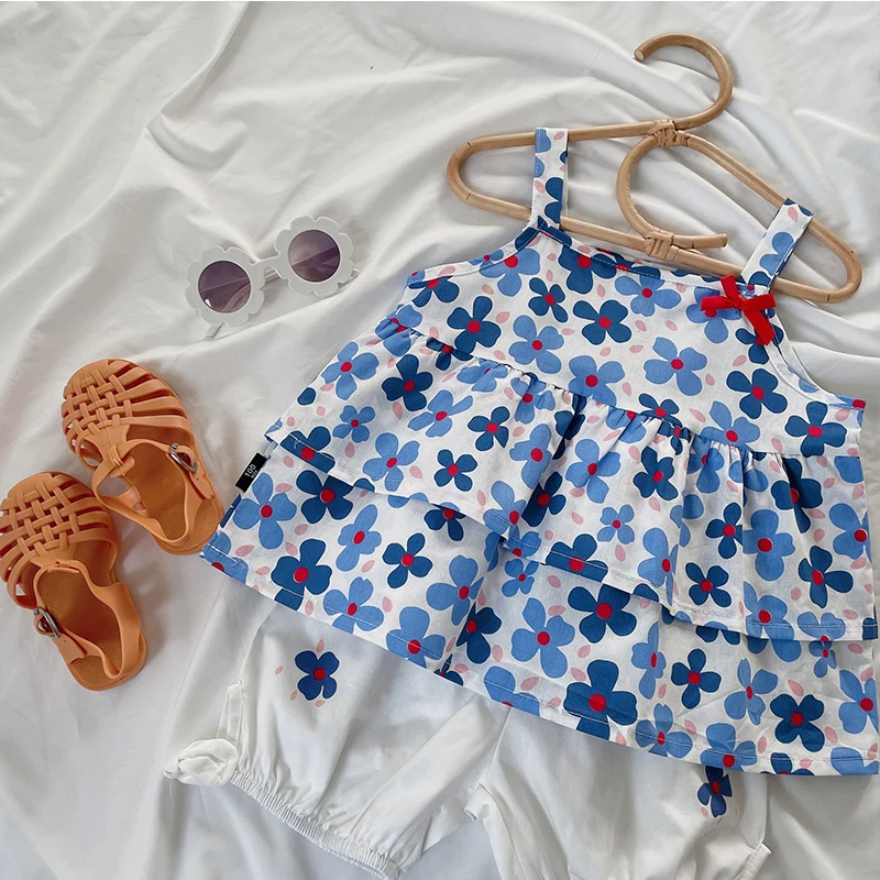 

Summer Loungewear Cotton Floral Sling Korean Style Junior Clothing Top And Bottom Boutique Outfits Two Piece Set School LooK