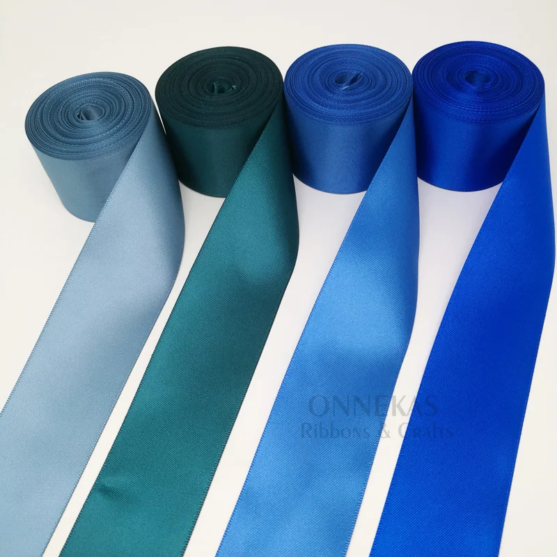 Blue Double Face Satin Ribbon – High-Density Polyester Fabric, Multiple Widths Available, 100 Yards