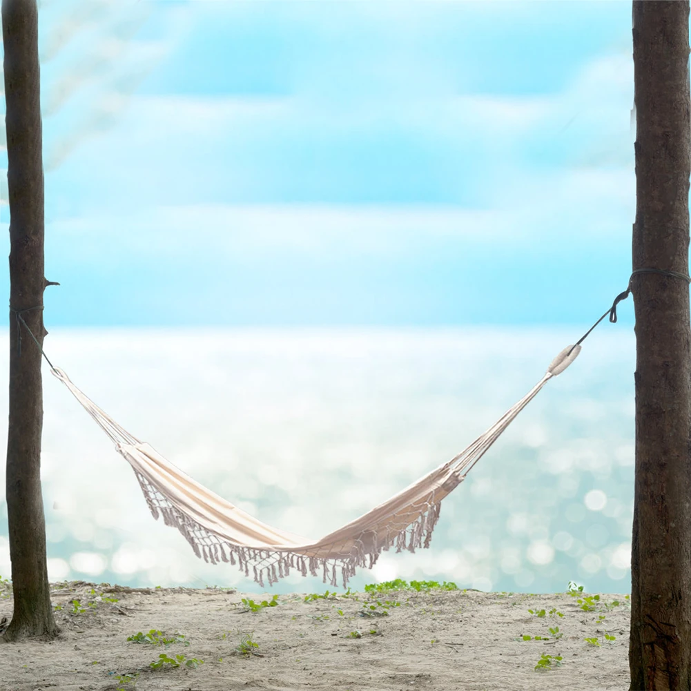 Camping Beach Single Hammock Outdoor Backyard Canvas Tassel Sleeping Swing Bed
