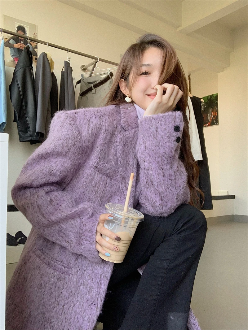 

UNXX Purple Mid-length Woolen Women Suit Jacket 2023 Autumn and Winter Office Lady High-end Temperament Thickened Blazer Coat