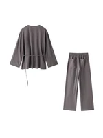 Women Fashion With Tied Loose Kimono Blouses And High Elastic Waist Side Pockets Pants Female Two Piece Sets Mujer - Image 3