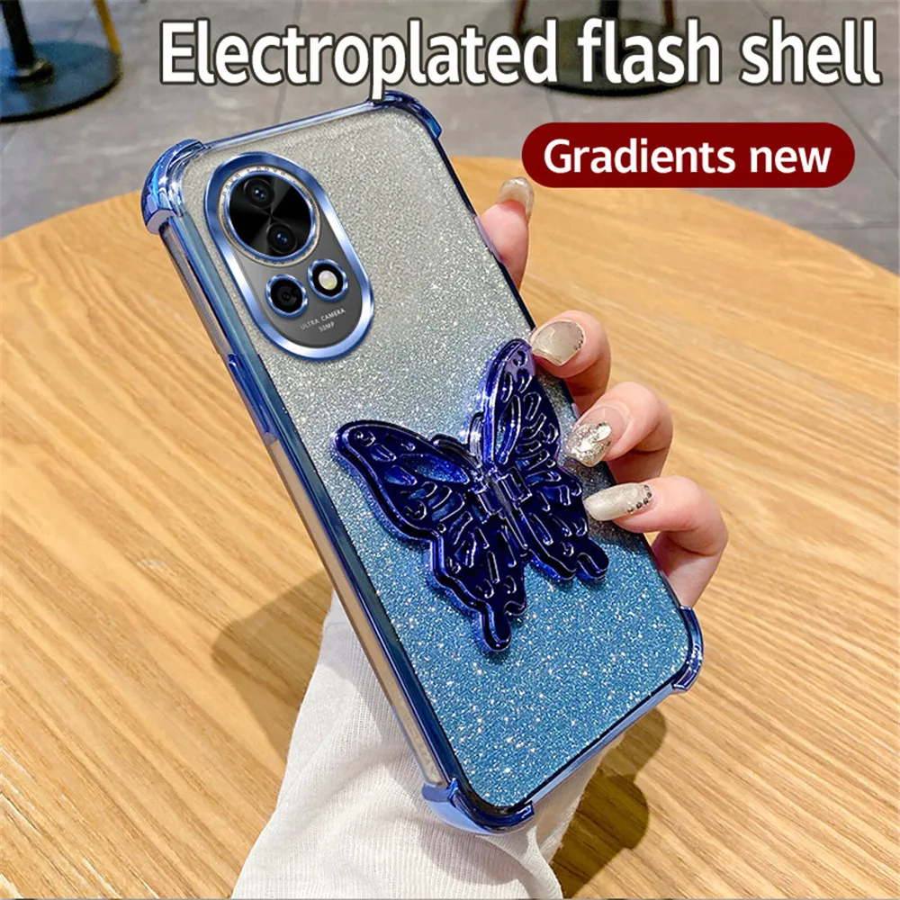 Shockproof Glitter Butterfly Stand Phone Case with Plating Soft Silicon Cover