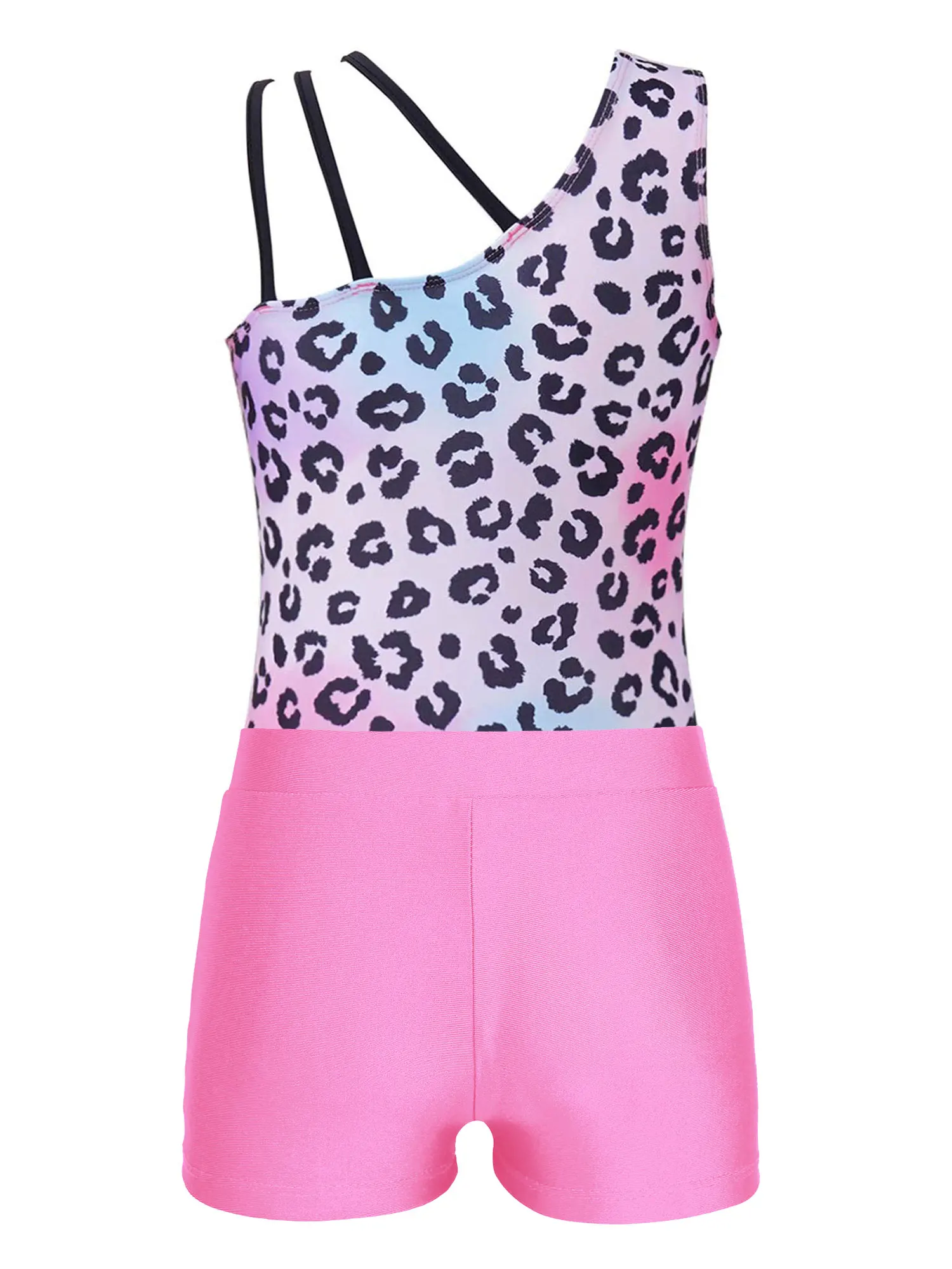Kid Girls Stylish Asymmetric Shoulder Straps Printed Leotard with V-front Waistband Shorts for Gymnastic Dance Performance