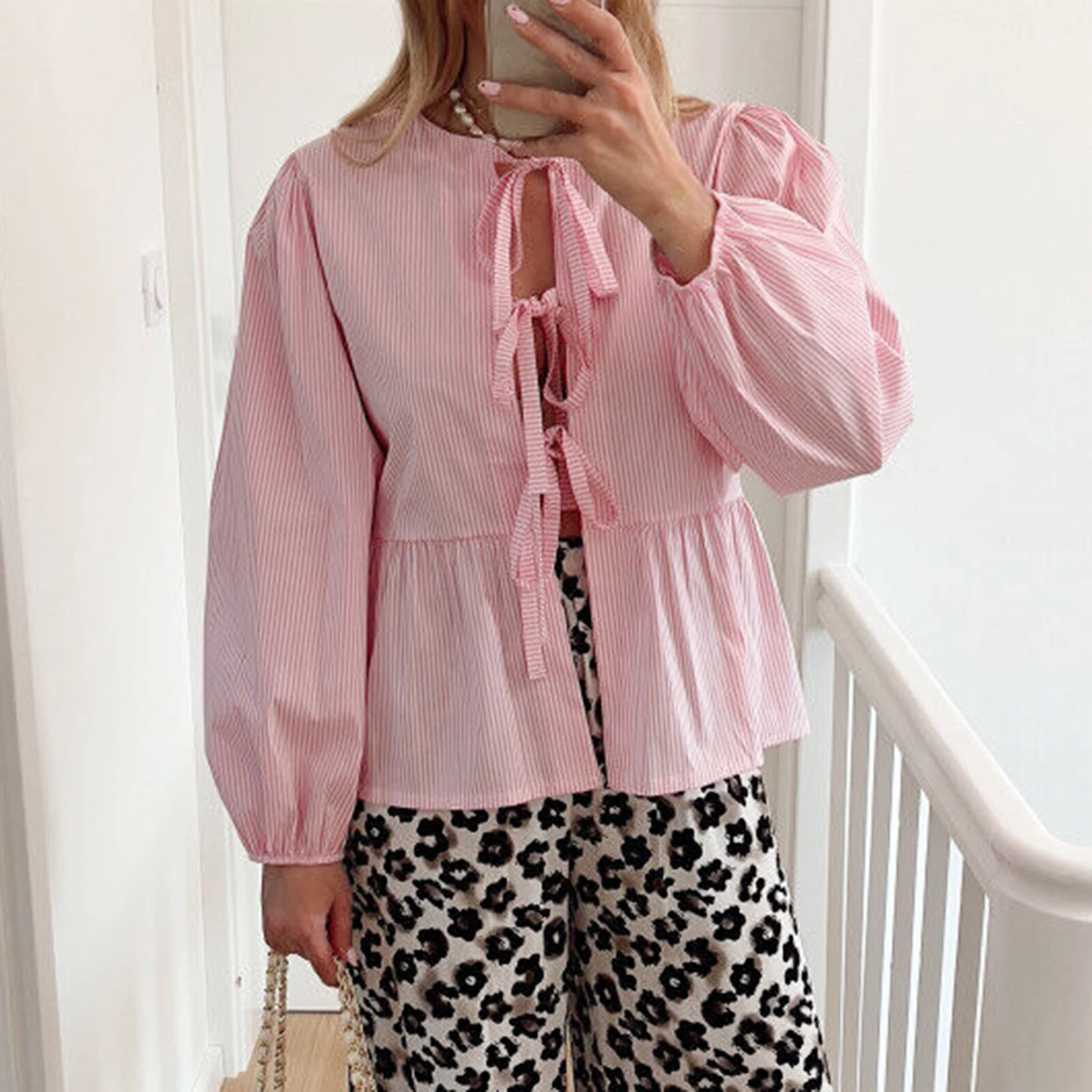 

Женская Повседневная рубашка с длинным рукавом, свободная рубашка в полоску, с завязкой, на лето