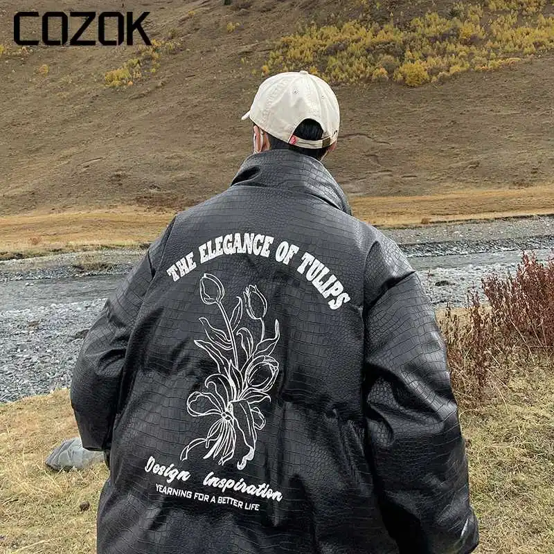 

Мужская зимняя куртка-пуховик из искусственной кожи с принтом крокодила