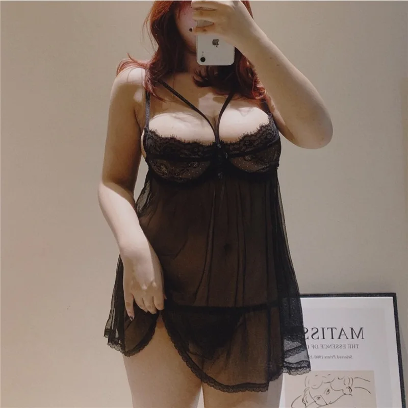 

Sexy Crotchless Oversize Sexy Dress Women Lace Hollow Bodysuit Erotic Sheer Lingerie Deep V Open Bra Porn Black Underwear Set