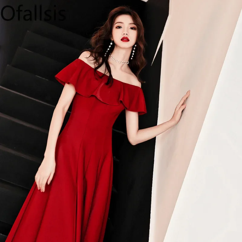 

Ofallsis Red Off Shoulder Toast Dress Bride 2023 Summer Elegant New Style Dignified One Shoulder Slim Evening Dresses Banquet
