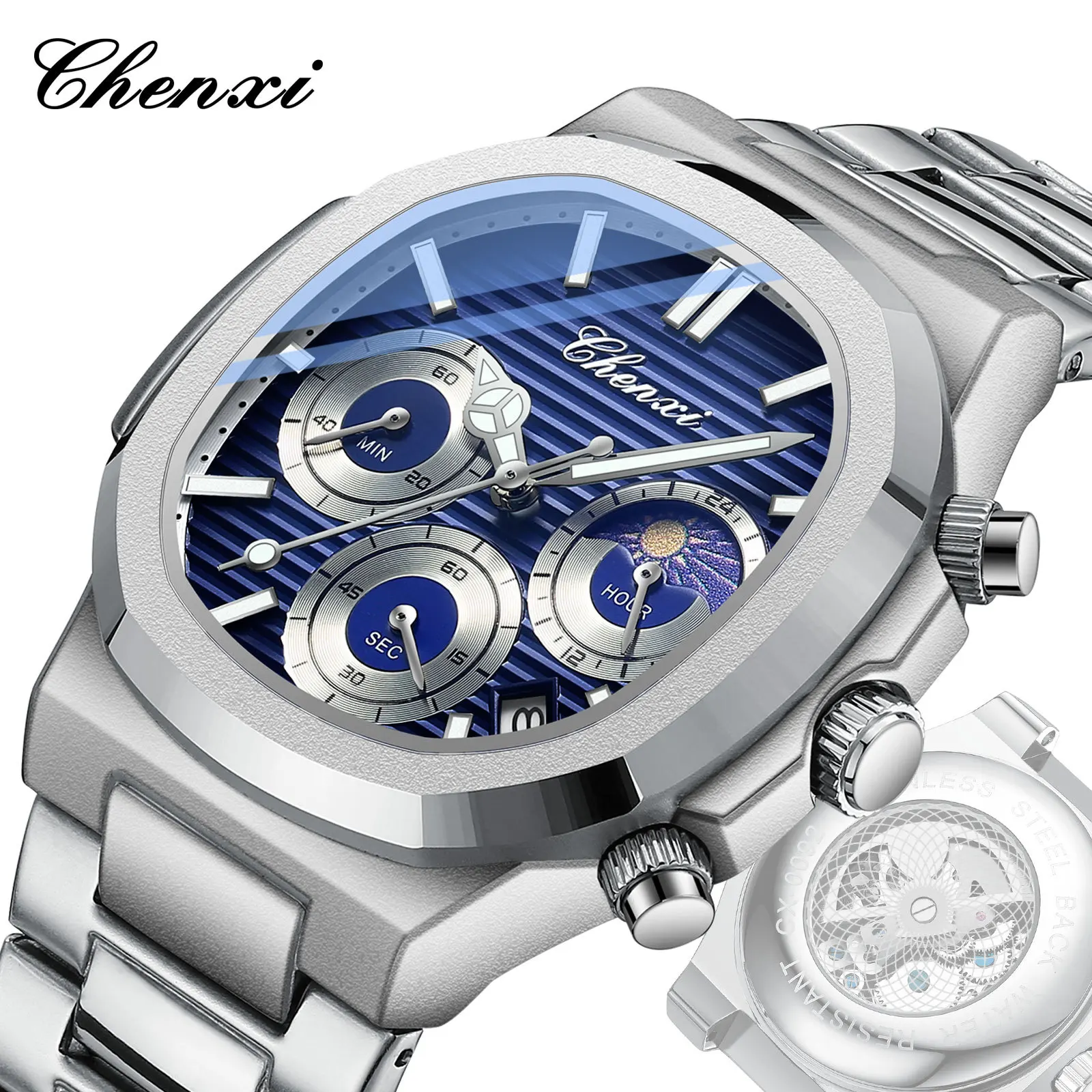 

Мужские часы CHENXI 0092, прозрачные многофункциональные часы с календарем, светящиеся водонепроницаемые Механические Кварцевые часы с имитацией стальной полосы