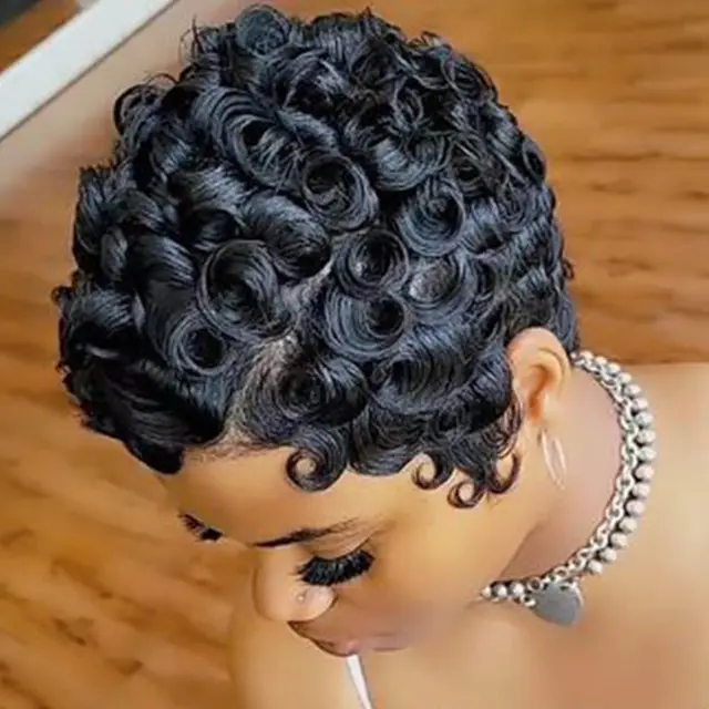 Perruques courtes coupe lutin pour femmes noires cheveux synthétiques Afro perruque lutin couleur noire perruques courtes pour les femmes noires courtes bouclées 1