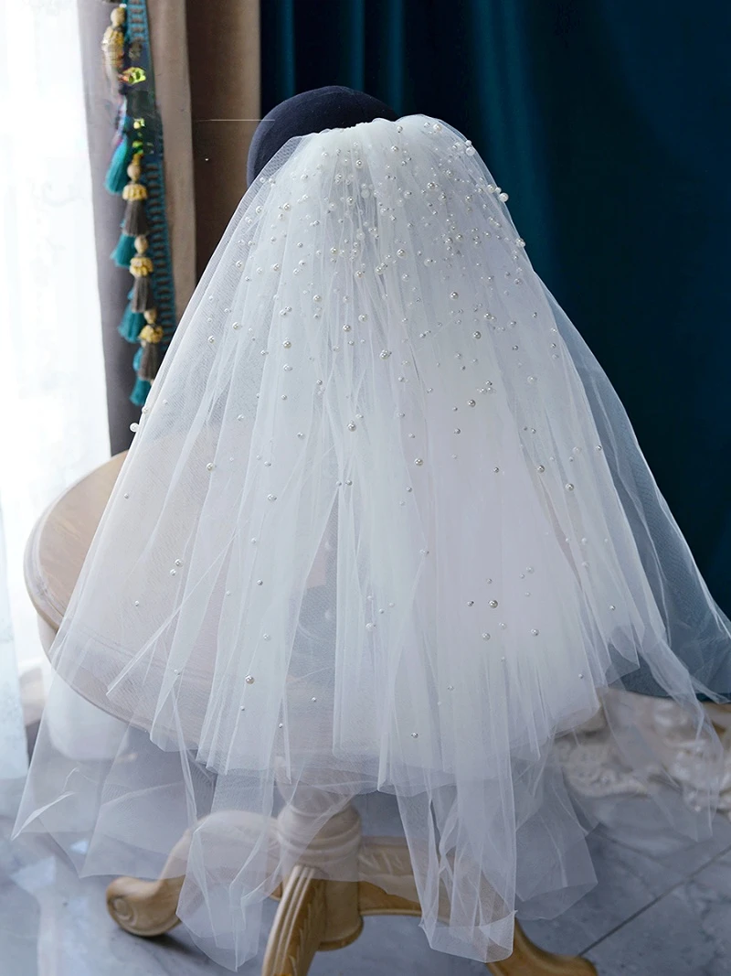 

Beaded Silk Yarn Medium Length veil Wedding Bridal Plain Veil