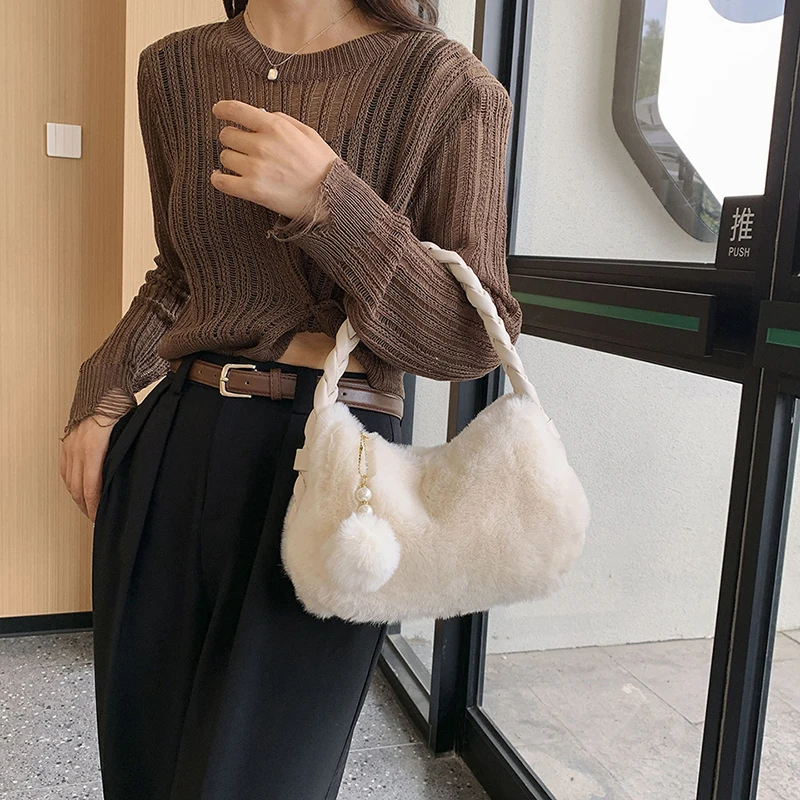 Y2K Fur Women's Bag 2023 Winter Eco Bag Korean Plush Twisted Handle Sling Bag Furry Saddle Bag Fluffy Tote Handbag Soft Purses