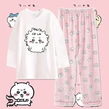 Chiikawa Summer Cotton Sleepwear round Neck Long Sleeve Loose Cartoon Cute Home Clothes Set for Men And Women