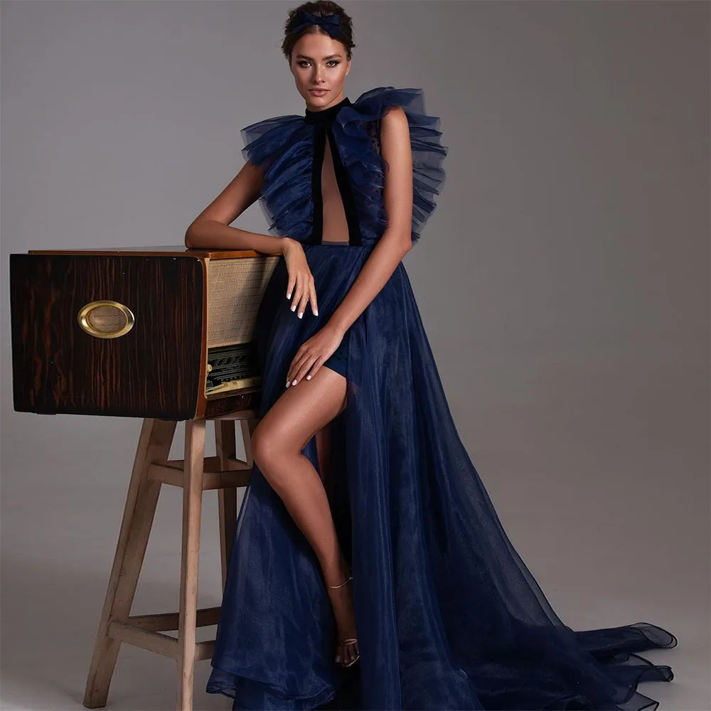 

Modern High Side Split Prom Dresses Ruffled A Line Halter Long Open Back Sleeveless Evening Gowns Formal Party Dress
