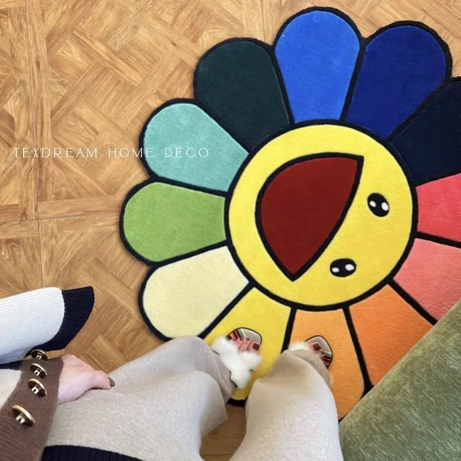 Flower Floor Mat / Rainbow × Ecru beige