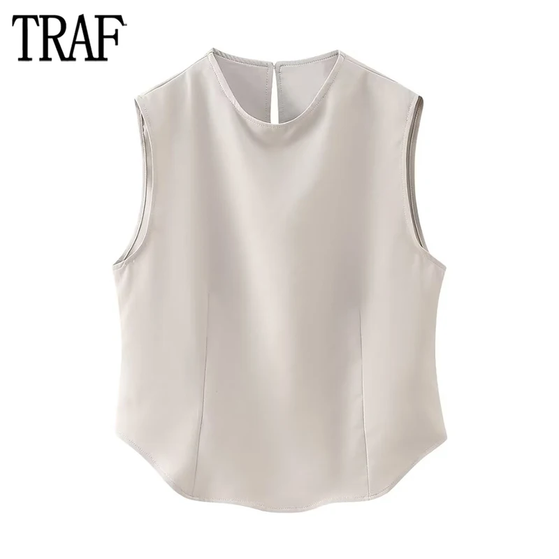 

TRAF 2024 Sleeveless Vests for Women Slim Crop Top Female Streetwear Basic Vest Women Casual Office Bustier Top Women