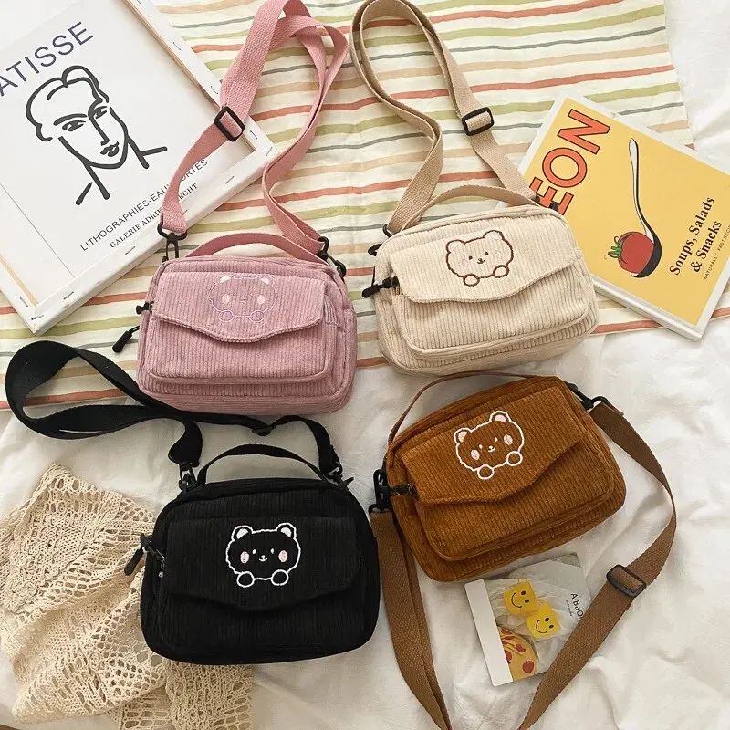 Personalized Teddy Bear Embroidered Diagonal Shoulder Corduroy Women's Crossbody Bag