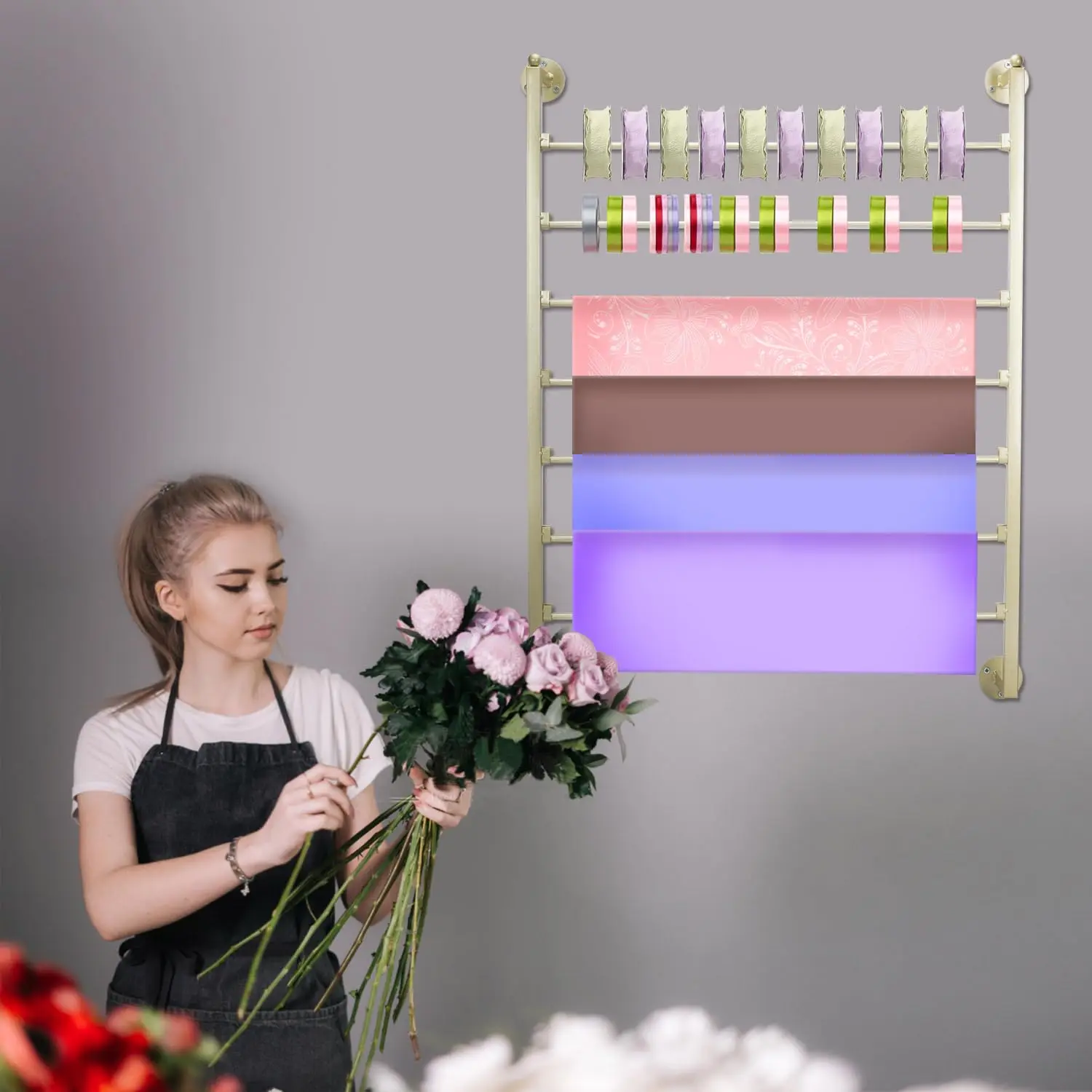 Organizzatore per la conservazione del nastro,Organizzatore per nastro montato a parete,Rastrelliera per carta da regalo,Servazione del nastro metallico a 7 livelli per sala artigianale,Flower Sho - immagine 6