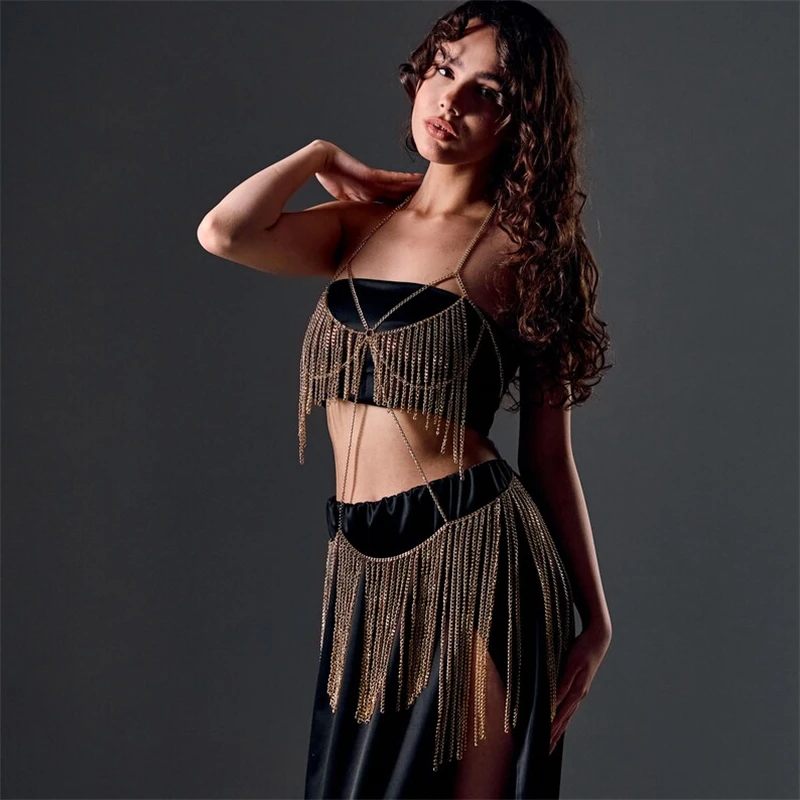 Damen Gold-Ketten-Halter-Bodychain-Kleid mit Fransen und Quasten, 2-teiliges Set, Party-Club-Rave-Outfit, Einheitsgröße, Dropshipping