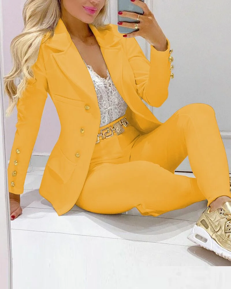 Two Piece Set Indie Single Breasting Blazer Suit Women Fashion Solid Blazer High Waist Leggings Casual Suit Club Party Suits