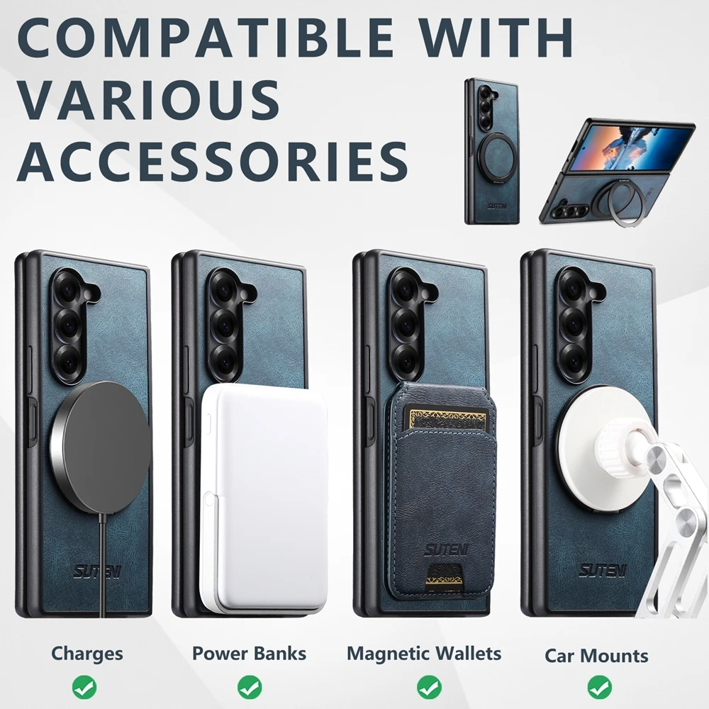 Leather Wallet Phone Case with Ring Bracket & Magnetic Kickstand - Wireless Charging Compatible