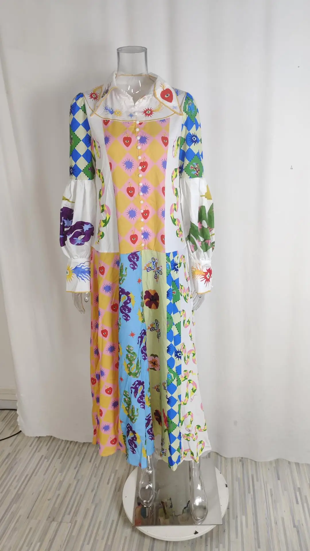 Feminino retro impresso a linha vestido longo elegante lanterna manga lapela camisa plissado vestidos de festa feminino primavera grande bainha vestido 9 Sc84ba6daea67443a9e30bc5357721304u