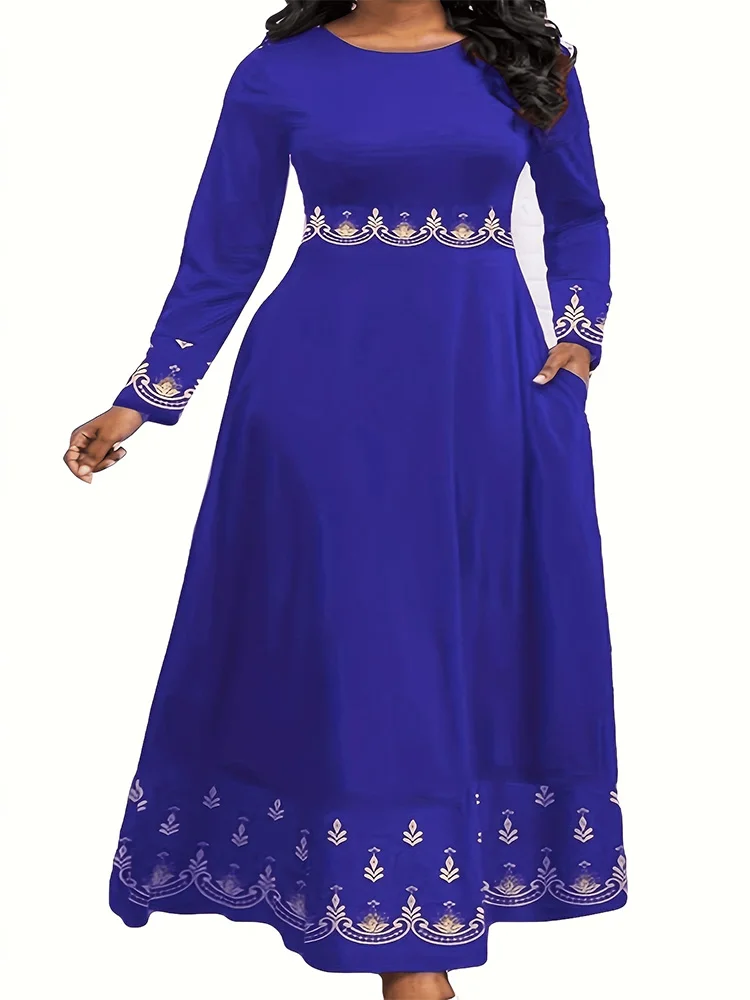 PLUS SIZE Elegant Vintage-Inspired Geometric Print Long Sleeve Pendulum Dress - Crew Neck, Micro Elasticity, Polyester Material 3