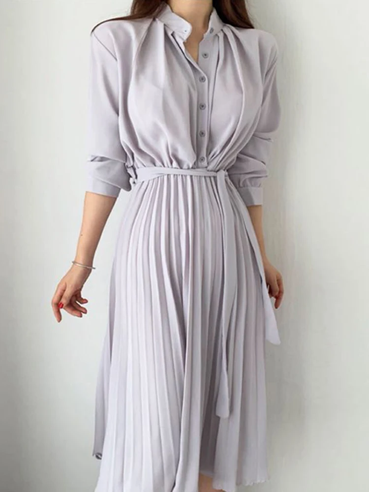 

Женское однобортное платье-рубашка, повседневное свободное плиссированное платье с отложным воротником и длинным рукавом, модель X531 в Корейском стиле на осень и зиму