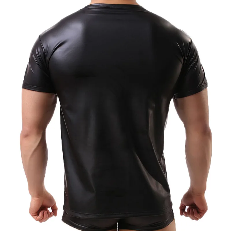 Men Shirts Faux Leather Short Sleeve T Shirts PU Leather Sexy Fitness Tops Gay Latex T-shirt Gay Stage Tee Sexy Party Clubwear