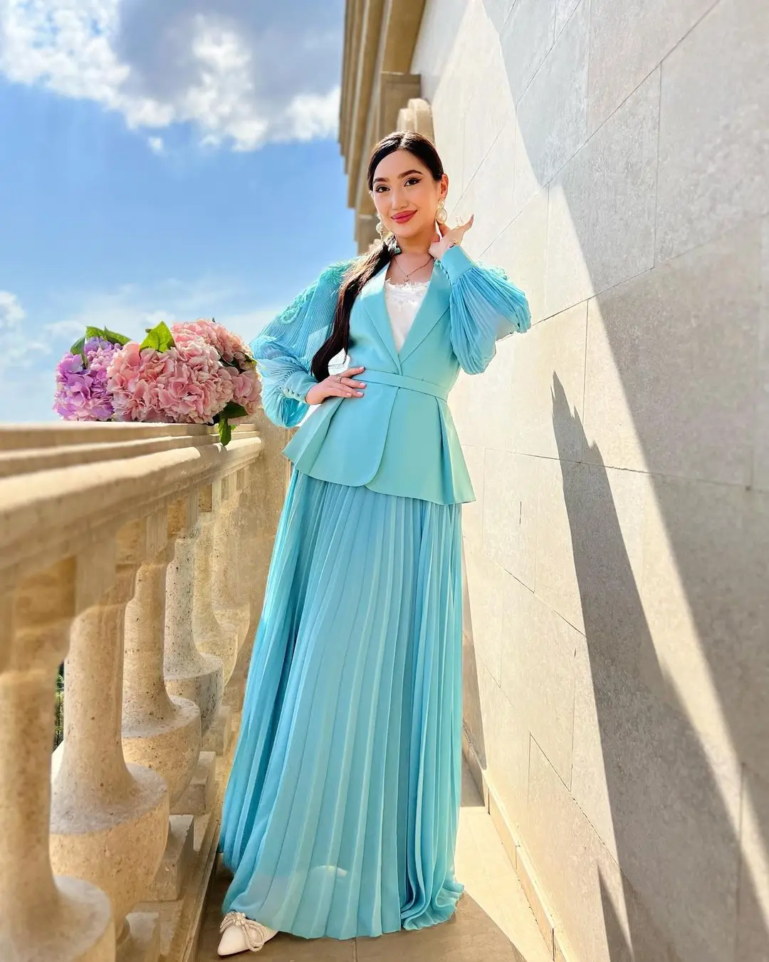 

VD Two Pieces Women Wear Evening Dresses Beading Long Sleeves Prom Dress Pleats A Line Formal Occasion Vestidos De Novia