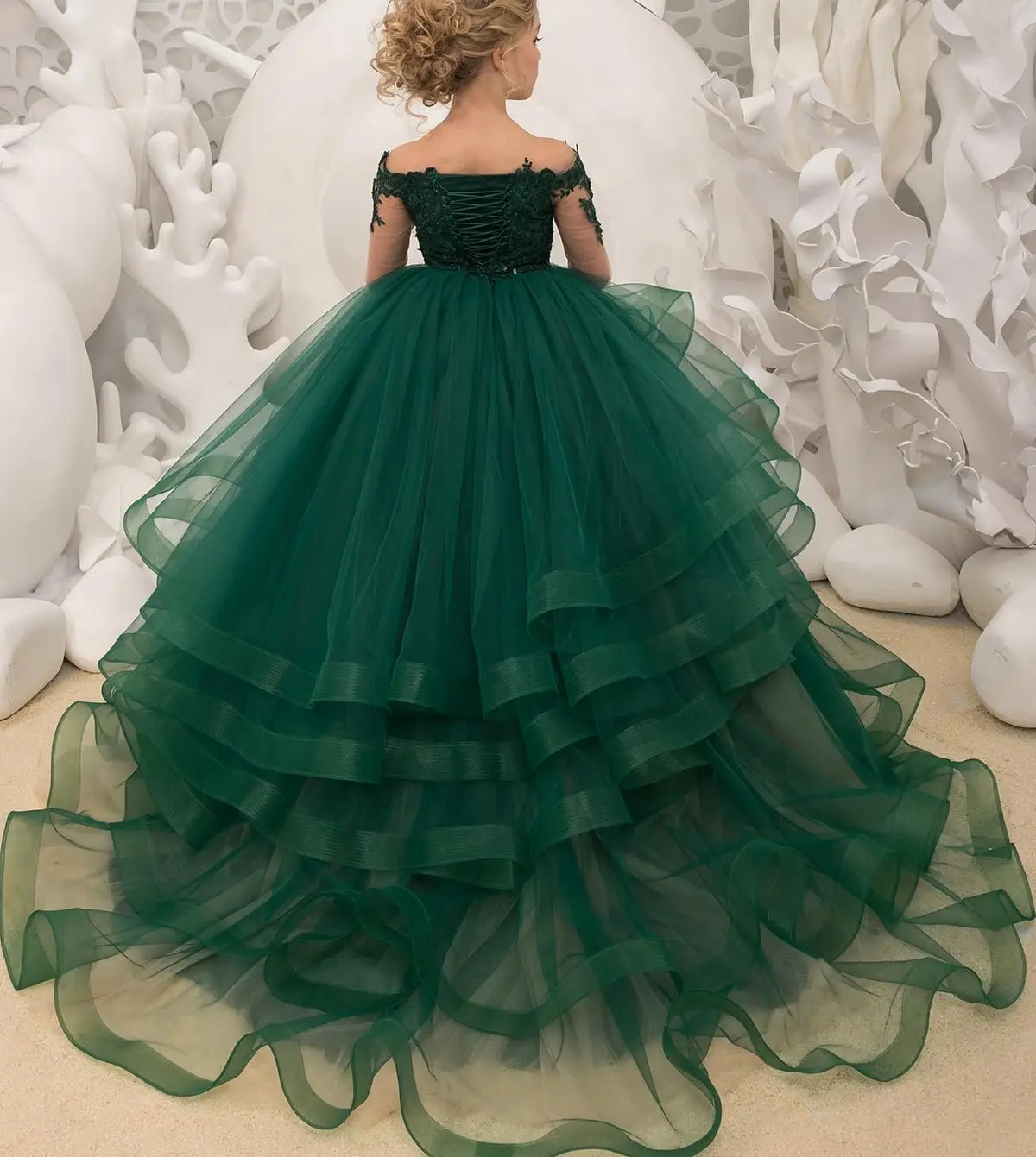 made Princess Long Sleeve Flower Girl Dresses Appliques Ruffles Tulle Pageant Dresses for Girls Kids Party Ball Gowns