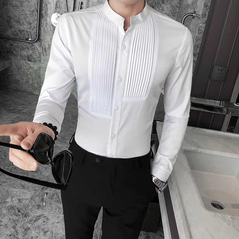 

Men Tuxedo Shirts Front Pleated Small Stand Collar Solid Long Sleeve Blouse Male Gentleman Party Wedding Dress Slim Fit TOPS
