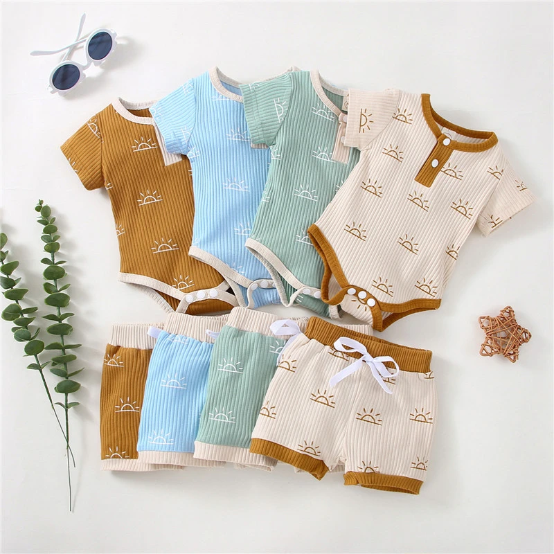 baby clothes mini set Summer Toddler Baby Girls Boys Clothes Sets Ribbed Knitted Short Sleeve Sun Pinrt Rompers+Drawstring High Waist Shorts Outfits baby clothing set line