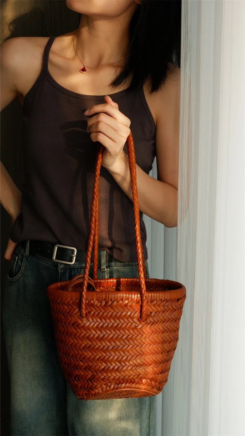 Organizer Designer handgemachte echtes Leder gewebte Damenhandtasche Wochenende Shopping Umhängetasche Rindsleder Eimer Einkaufstasche – Detail 8