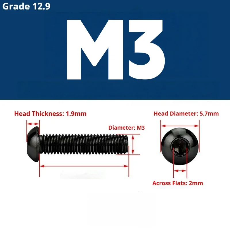 12.9 고탄소강 육각 렌치 볼트 DIN912 ISO7380 M3 M3x6 M3x8 M3x10 M3x12 M3x16 RC 카 드론 3D 프린터 DIY용 고강도 나사