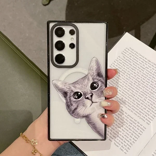 Black Cat Acrylic Black Border Protective Case for Samsung Galaxy S22U S23U S24 Ultra Shell with MagSafe