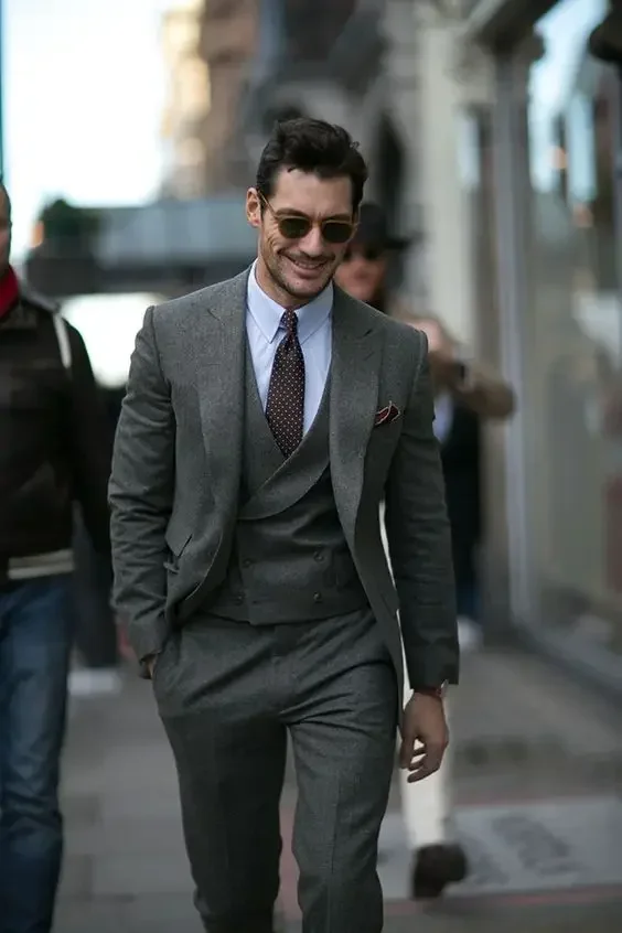 Smoking Grey Tweed Men Suit Double Breasted Smart Casual Jacket Custom Slim Fit Tuxedo 3 Piece Groom Blazer Sets Terno Masculino