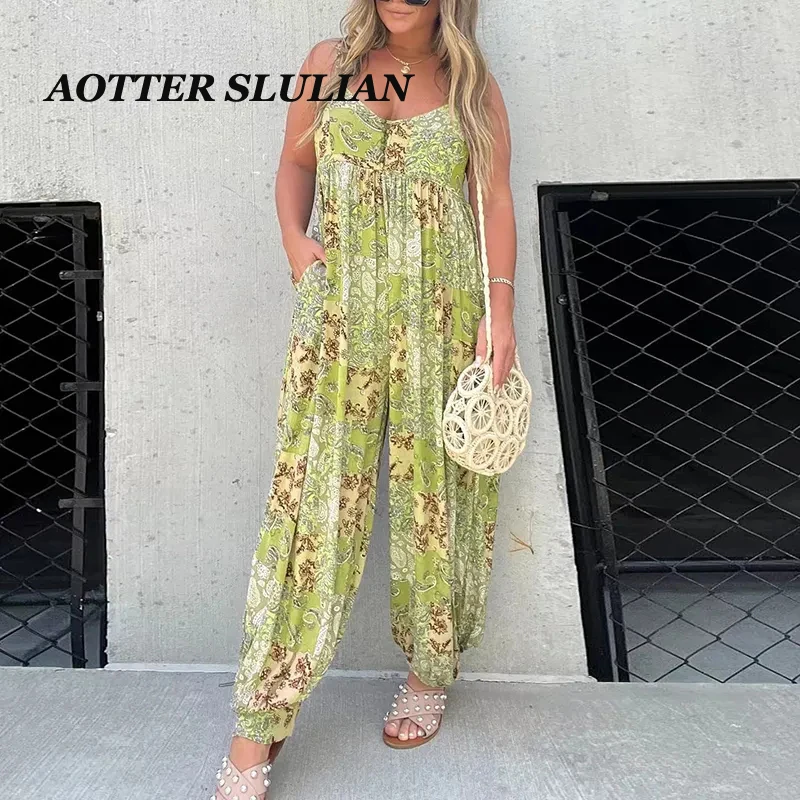 Summer Loose Wide Leg For Commute Romper Pencil Trouser Casual High Waist Sling Jumpsuit Lady Sleeveless Open Back Printed Pants