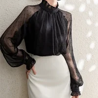Spring Summer Black Polka Dots Mesh Women's Chiffon Blouses 2025 New Long Sleeve Stand Collar Vintage Loose Shirts Female - Image 2