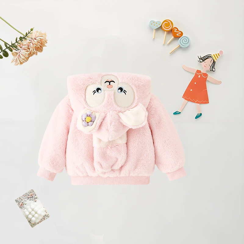 Baby Girl Coat Jacket Baby Girl Solid Color Fur Zipper Cartoon Hooded Jacket Cute Thick Winter Clothing Autumn Clothing