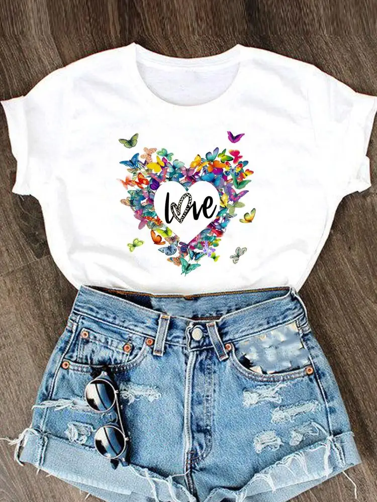 

Tee T-shirt Graphic T Shirt Clothing Women Short Sleeve Summer Letter Leopard Butterfly Love Cartoon Female Top Fashion Clothes