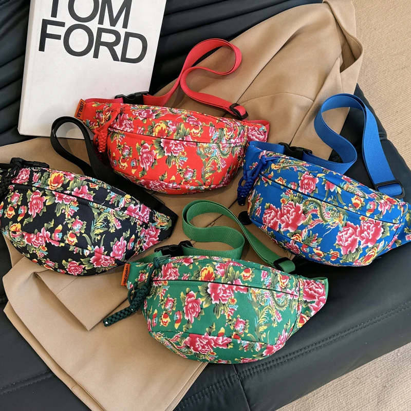 

Ethnic Style Floral Handbag Women's Waist Bag Waterproof Nylon Fanny Pack Large CapacityTravel Chest Bag Banana Belt Bag Purse