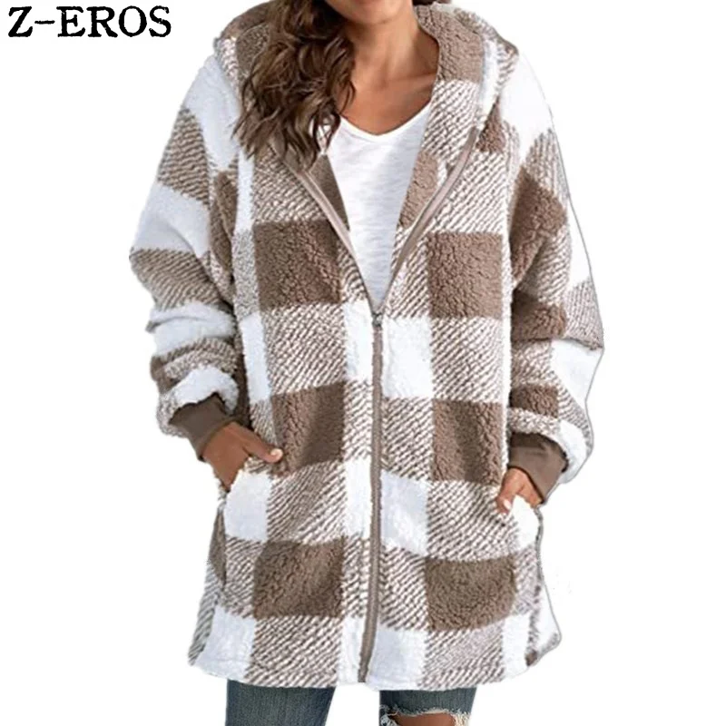 

Z-EROS Autumn/Winter Plaid Plush Coat, Hooded Jacket, Long Sleeved Zippered With Pockets, Loose Top, Cardigan, Early Spring 2024