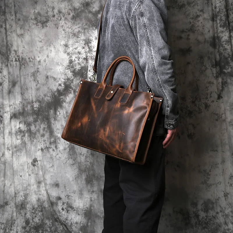 NZPJ Vintage Genuine Leather Men's Briefcase Natural Cowhide Handbag Crazy Horse Leather Computer Bag Casual Crossbody Bag
