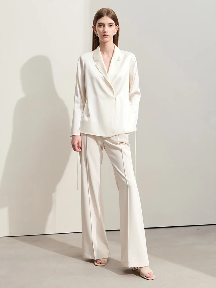 Amii Minimalism 2024 Summer New Women Silk Blouse Light Luxury Solid Stretch Side Placket Lapel Top With Belt Female 12422172