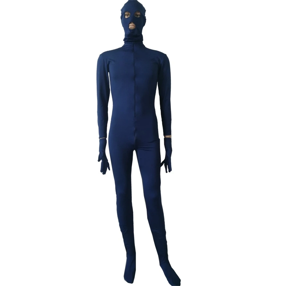 Navy Blue Color Spandex Women Men Unitard Catsuit Front Zipper
