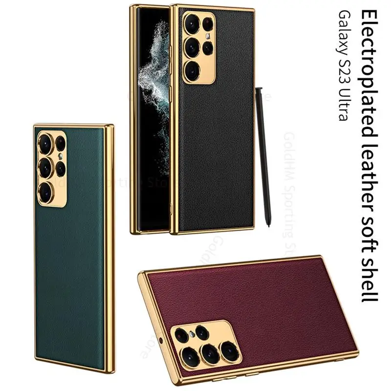 

Funda For Samsung S23 Ultra 5G Stylus Socket S-Pen Slot Plating Leather Case For Galaxy S22 Ultra S23 Plus Lens Protective Cover